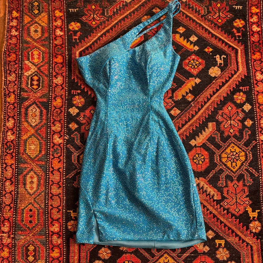 Rachel Allan One Shoulder Blue Sparkle Dress